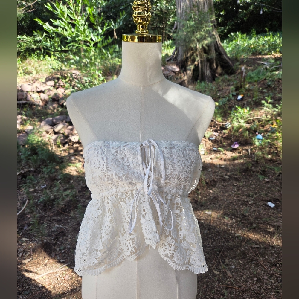 White Lace Strapless Peplum Top